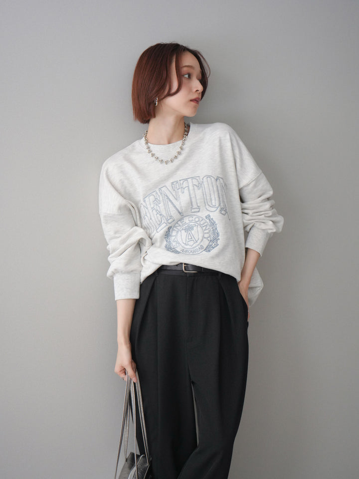 [SET]カレッジロゴ刺繍BIGスウェットプルオーバー+サテンベルトタックワイドパンツ(2set)