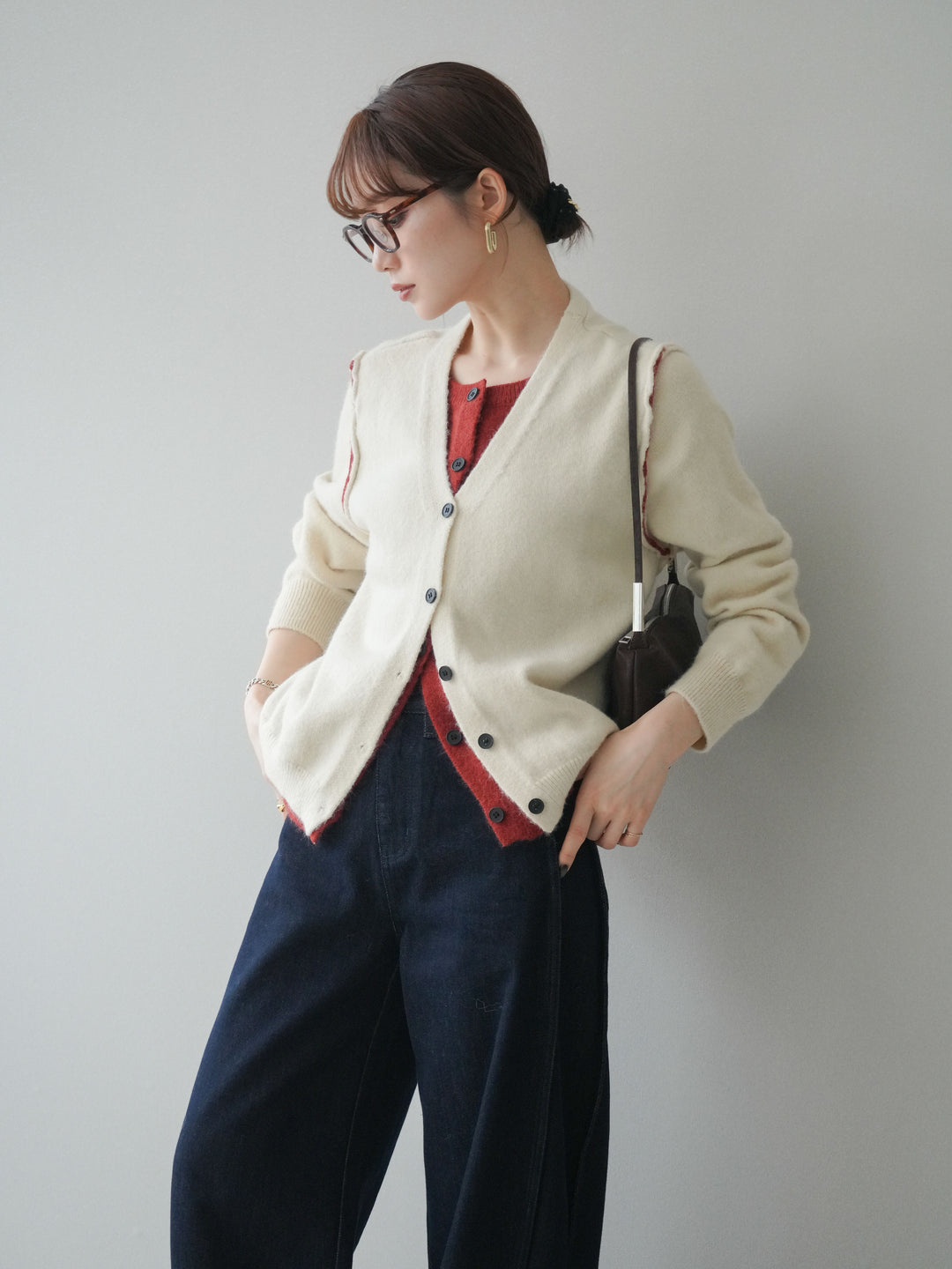 [SET]配色レイヤードニットカーディガン+選べるアクセセット(2set)