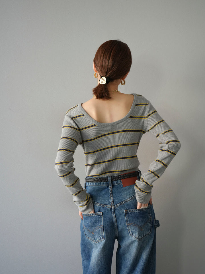 [予約]バックオープンボーダーテレコリブトップス/グレー