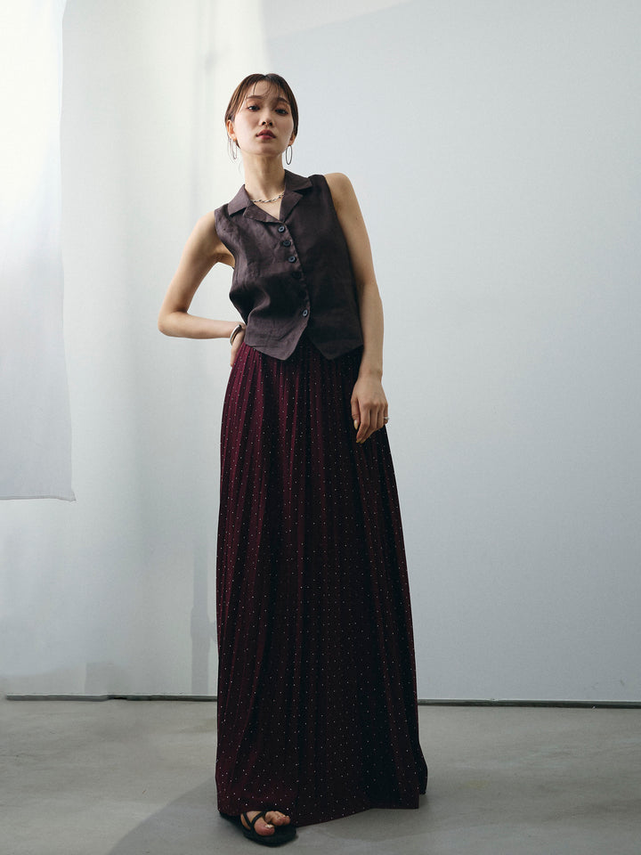 [SET]リネンライクテーラードジレ+ラインストーンプリーツスカート(2set)