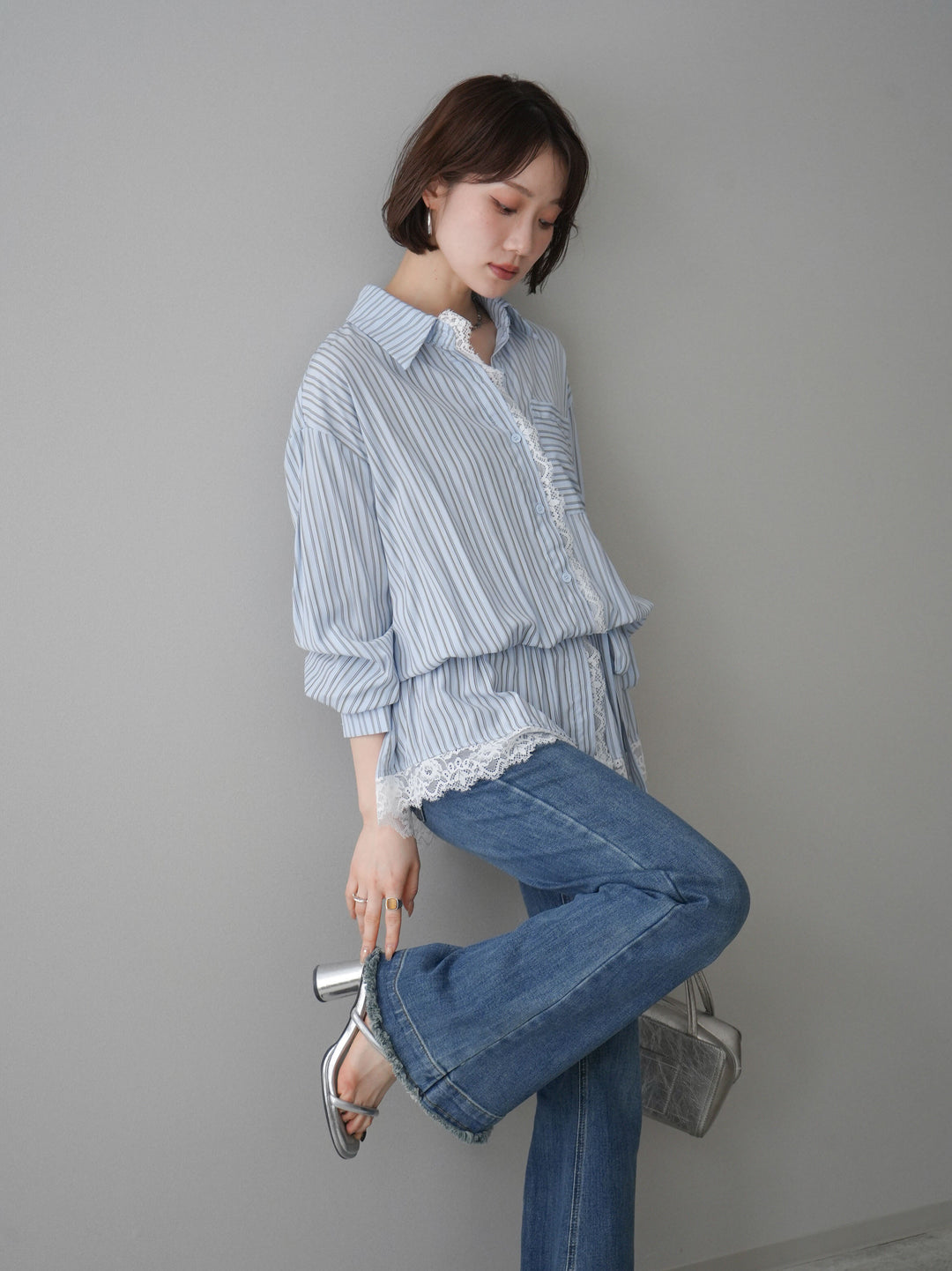 [SET]レース付ストライプウエストギャザーシャツ+フリンジデザインセミフレアデニム(2set)