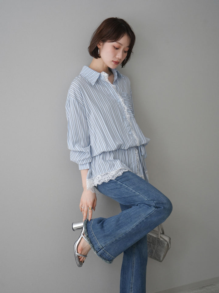 [SET]レース付ストライプウエストギャザーシャツ+フリンジデザインセミフレアデニム(2set)