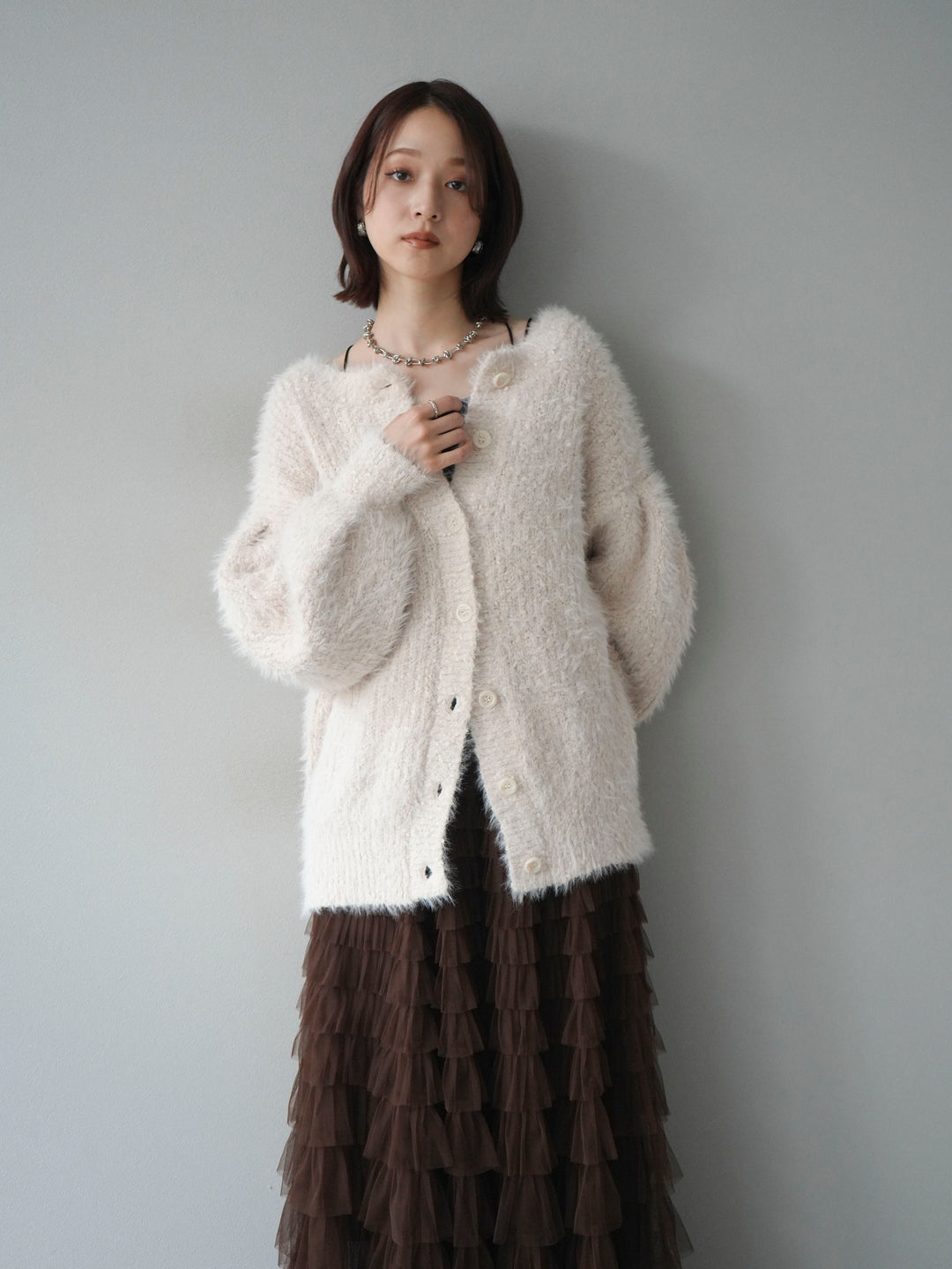 [預購] 圓領隨機毛絨開襟衫/本色