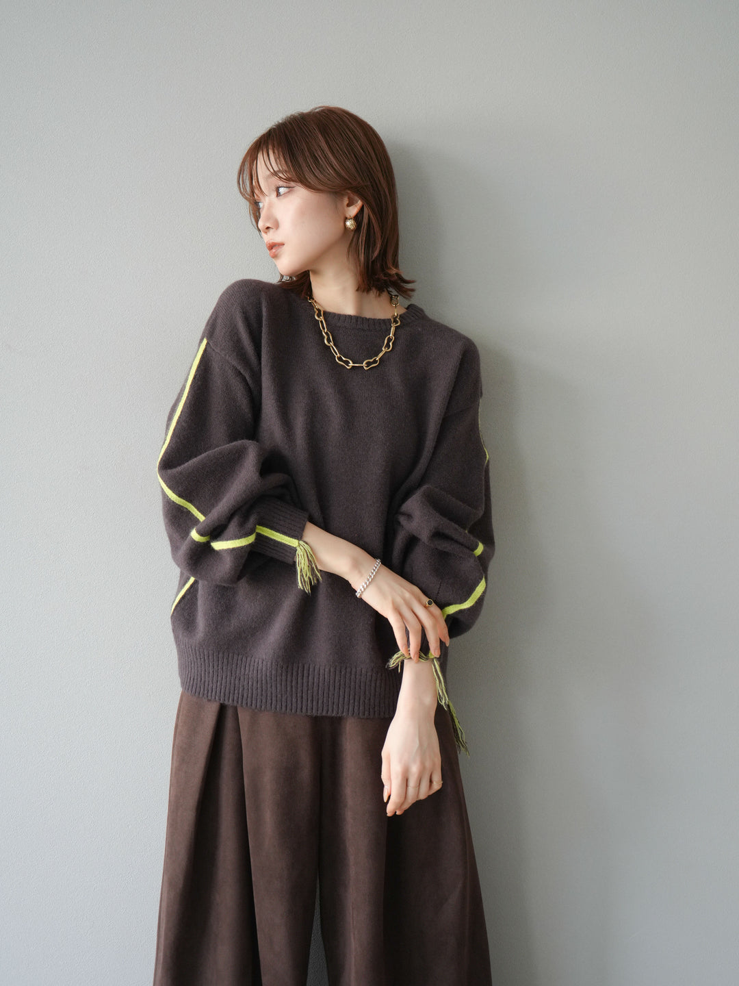 [SET]配色ステッチフリンジニットプルオーバー +スウェードタックワイドパンツ(2set)