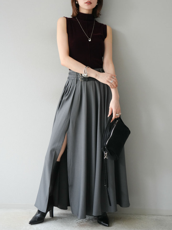 [SET]シアーベロアプチネックノースリーブトップス+エステルプリーツスリットスカート(2set)