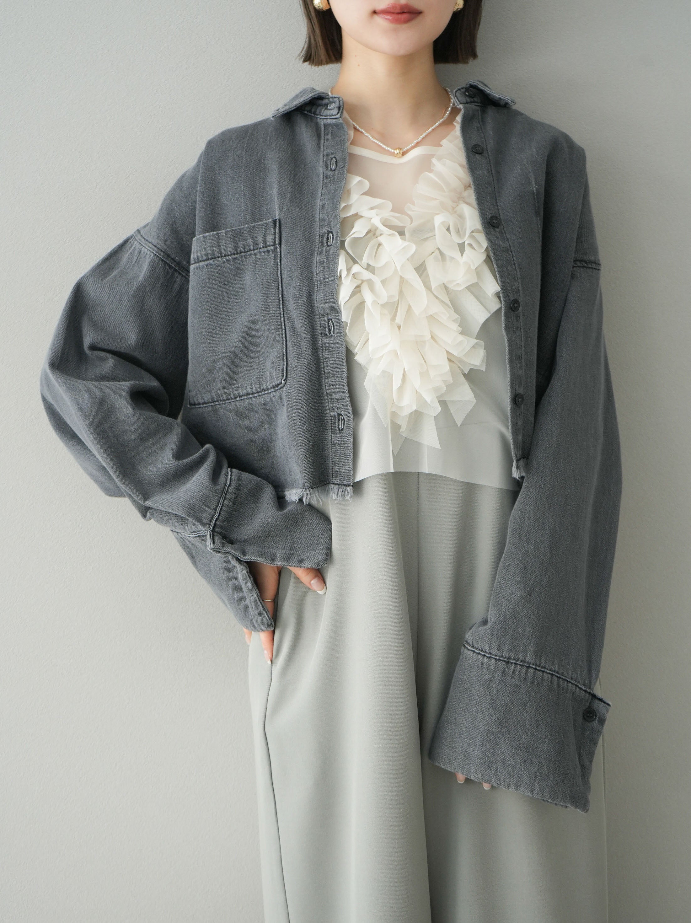 予約]チュールフリルベスト×オールインワンアンサンブル/グレー