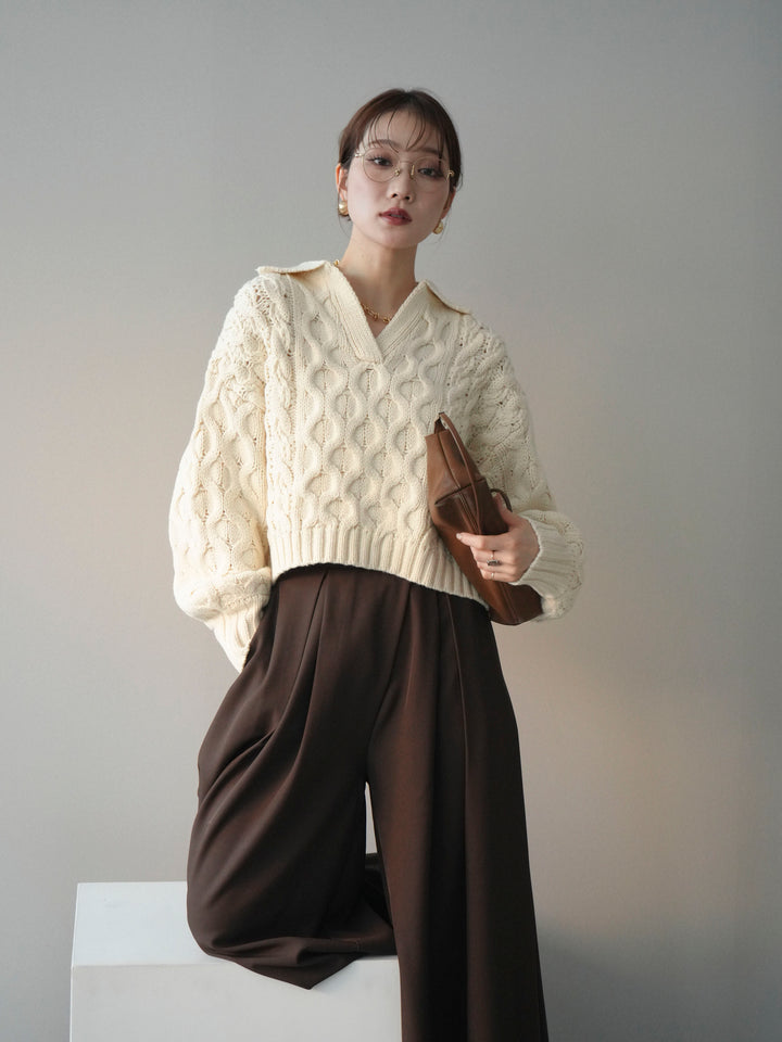 [SET]バルキーケーブルクロップド開襟プルオーバー+テープベルトタックバギーパンツ(2set)