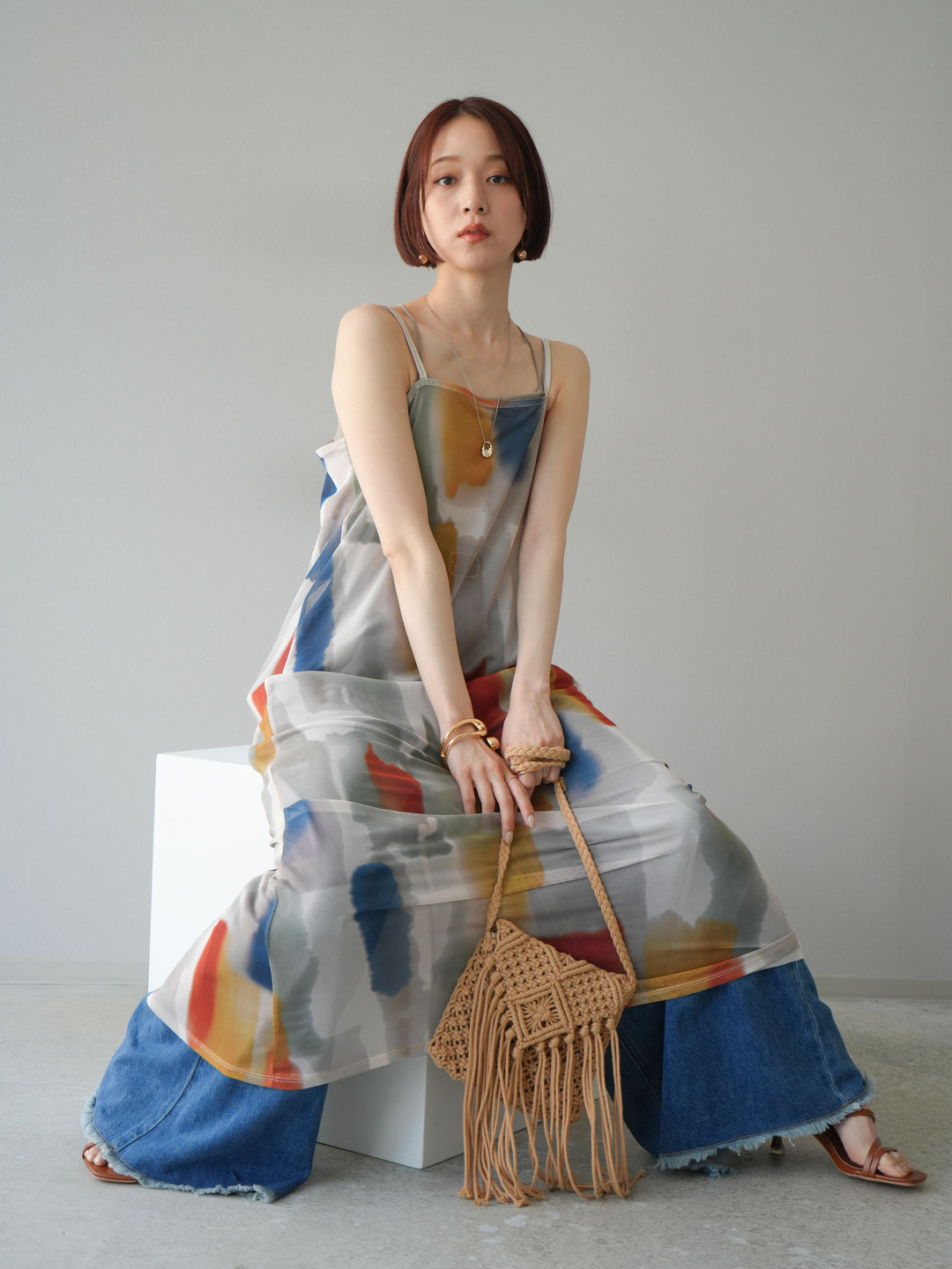 [予約]水彩アートシアーキャミワンピース/オフホワイト