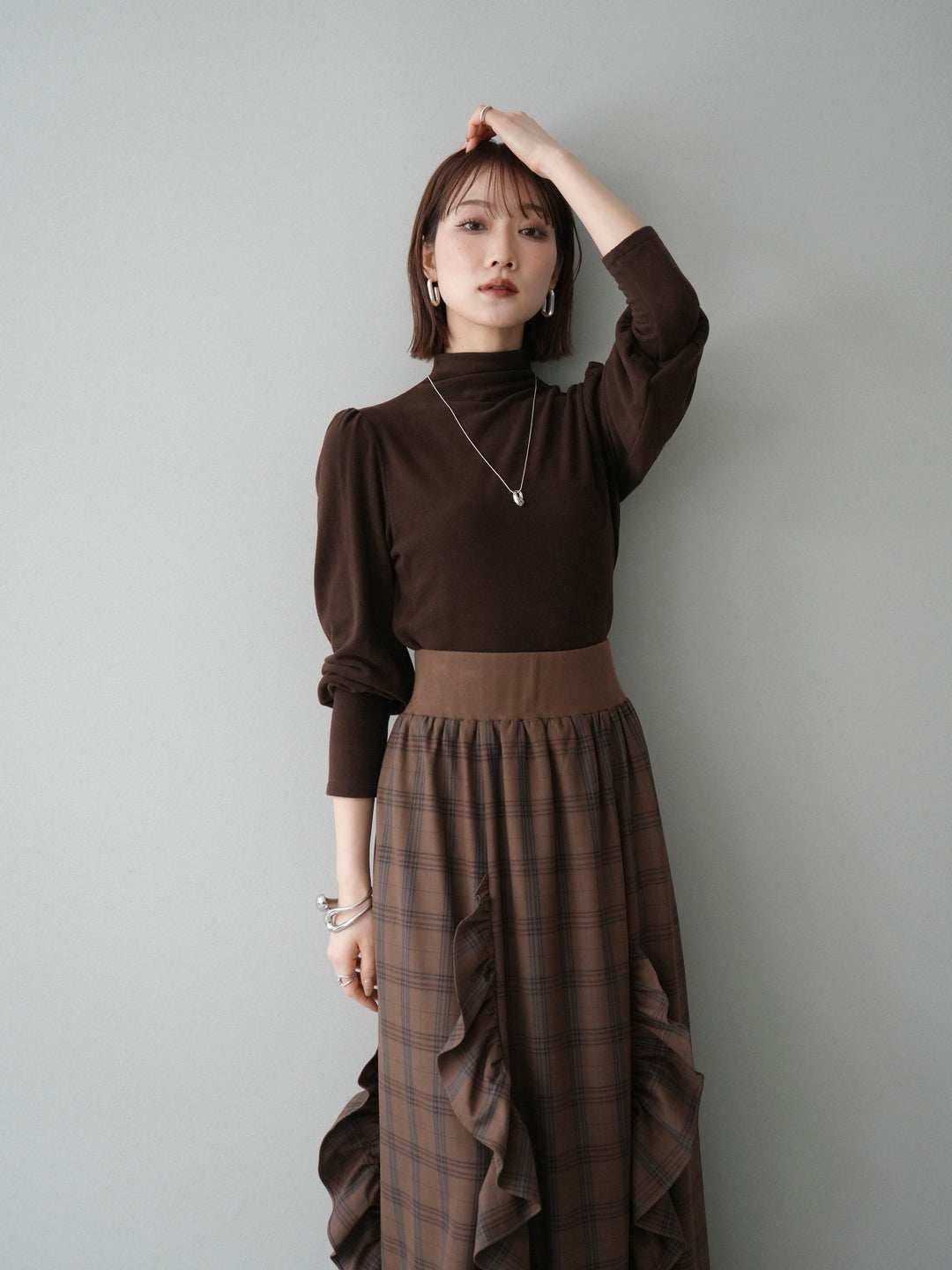 [予約]プチネックパワーショルダー起毛トップス/brown