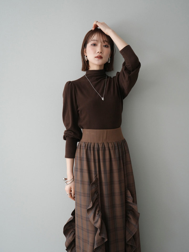 [予約]プチネックパワーショルダー起毛トップス/brown