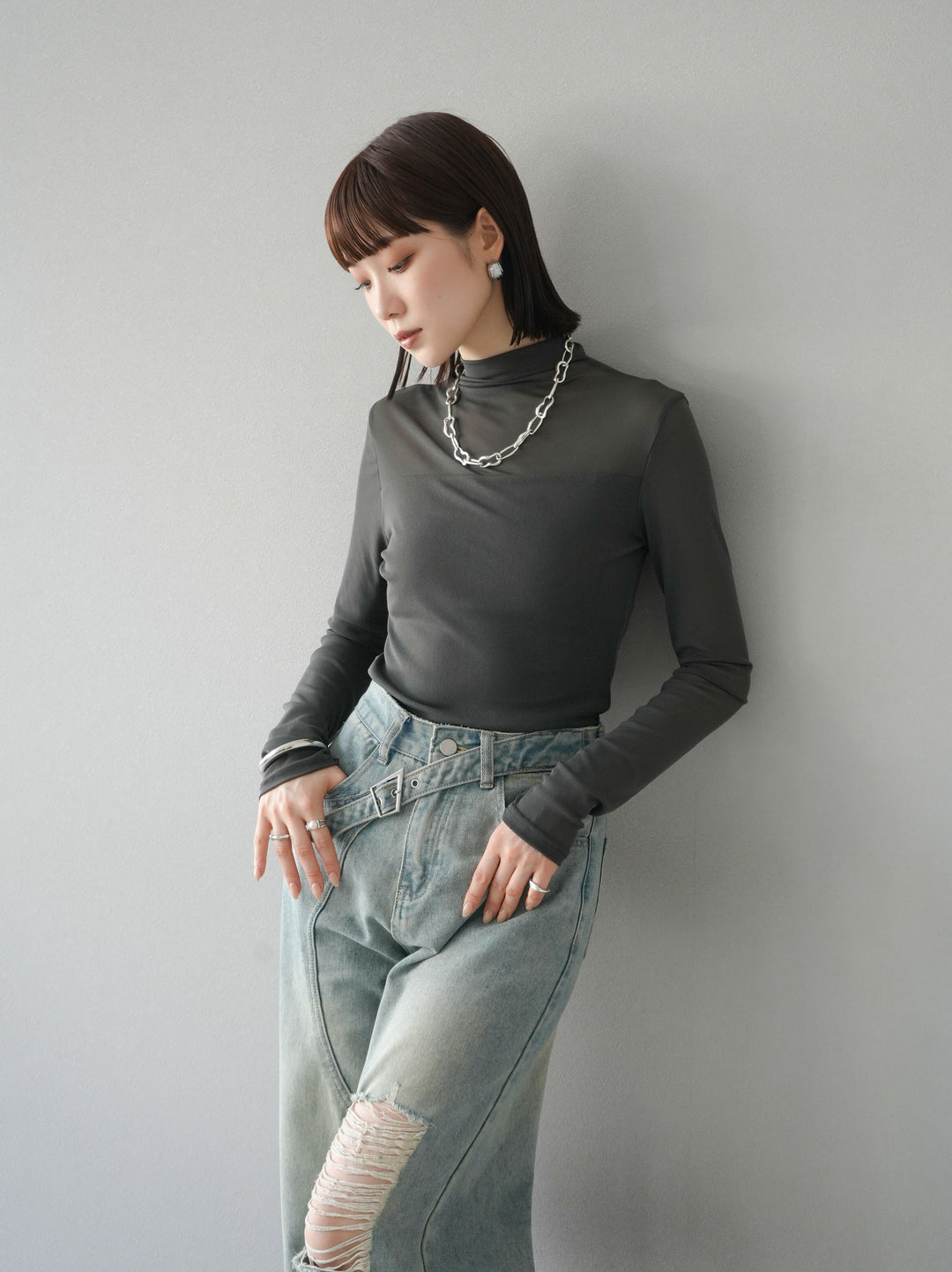 [SET]シアー切替ストレッチ長袖トップス+シアー切替ストレッチトップス(2set)