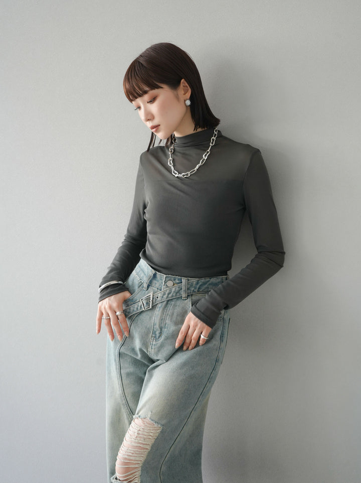 [SET]シアー切替ストレッチ長袖トップス+シアー切替ストレッチトップス(2set)