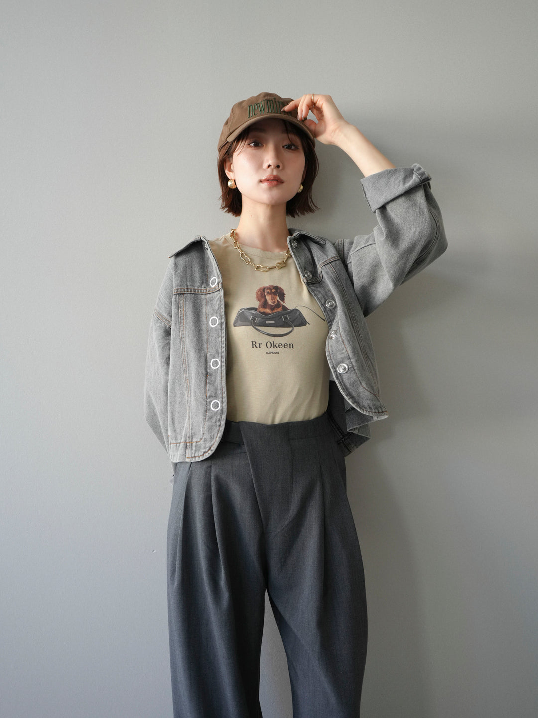 [SET]ラウンドカットコンパクトデニムジャケット+ドッグコンパクトTEE(2set)