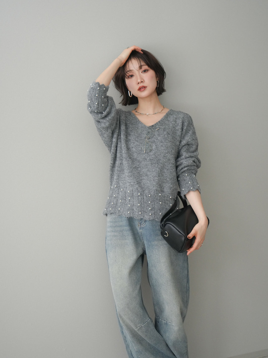 [SET]パールフリルリブヘムニットプルオーバー+選べるアクセセット(2set)