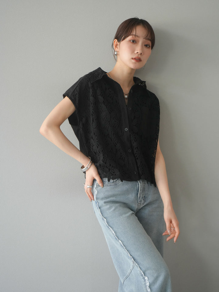 【預購】蕾絲分層抽繩襯衫/黑色