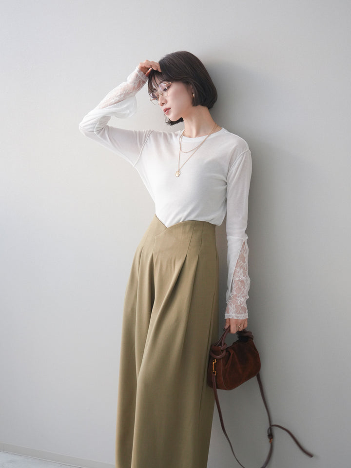 [予約]袖レースレイヤードデザインメロートップス/white