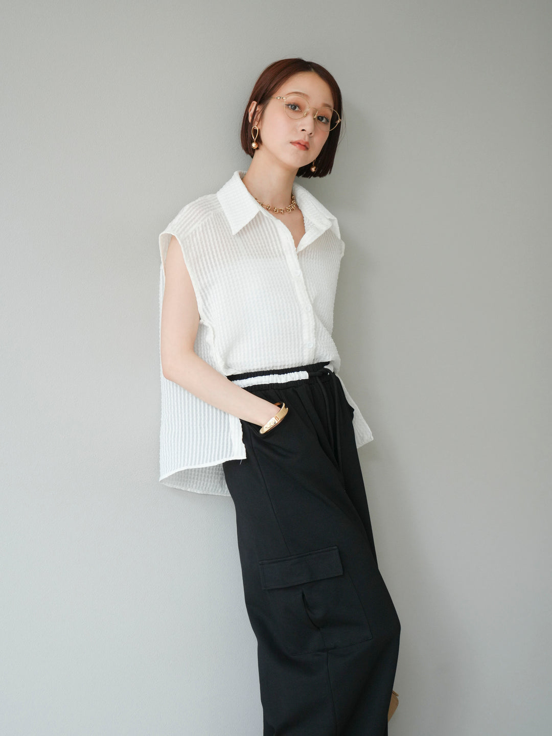 [SET]シアーチェックノースリーブシャツ+ウエストラインサイドポケットスウェットパンツ(2set)