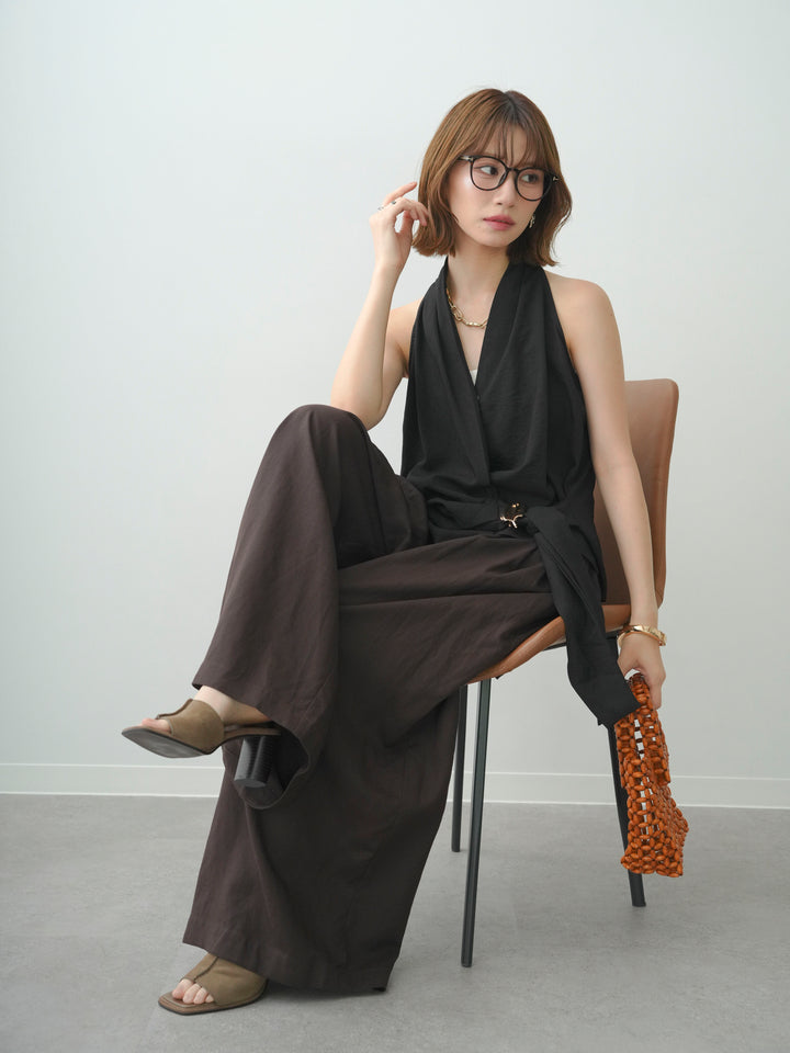[SET]ゴールドモチーフカシュクールノースリトップス+フロントボタンタックワイドパンツ(2set)