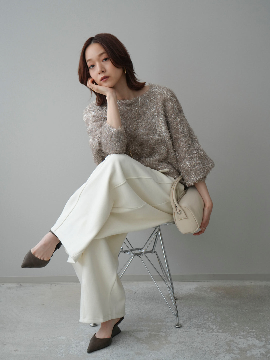 [予約]ラメシャギードルマンニットプルオーバー/beige