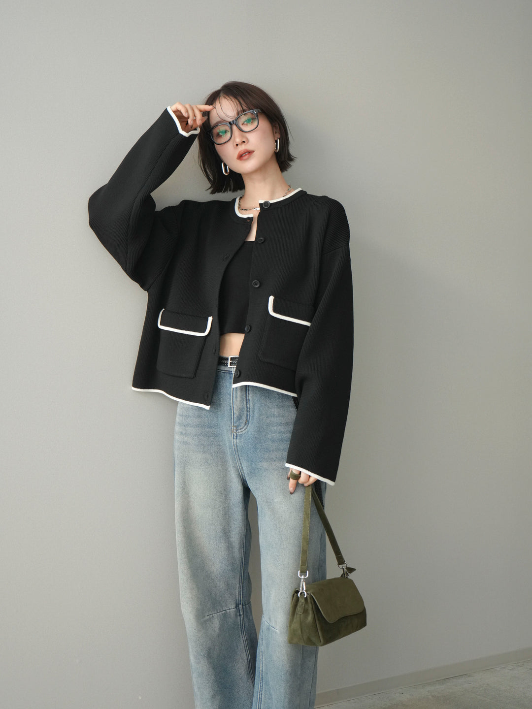 [SET]ポリエステル配色ニットカーディガン+ポリエステル配色ニットカーディガン(2set)