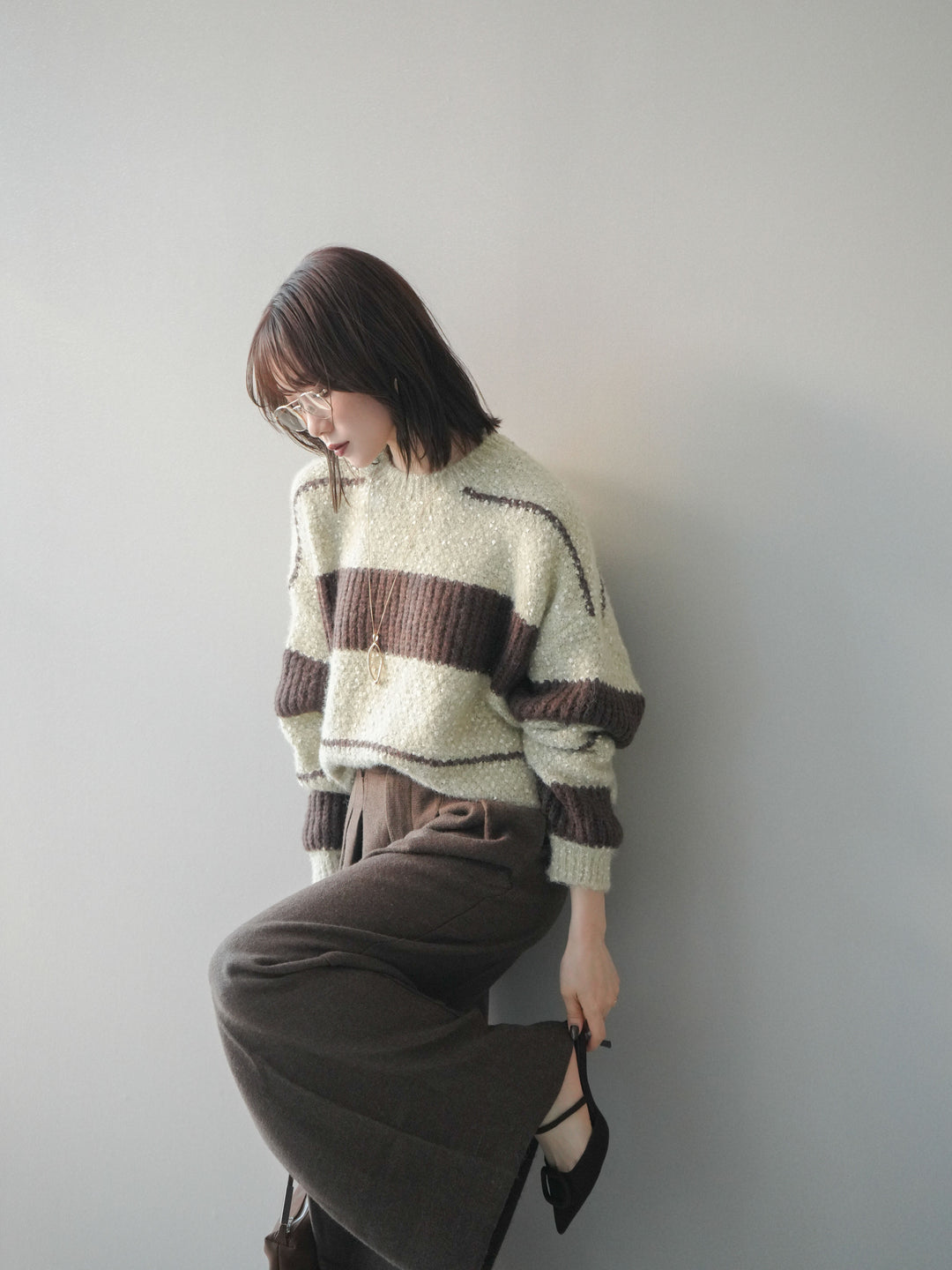 [予約]ネップヤーンボーダーニットプルオーバー/beige