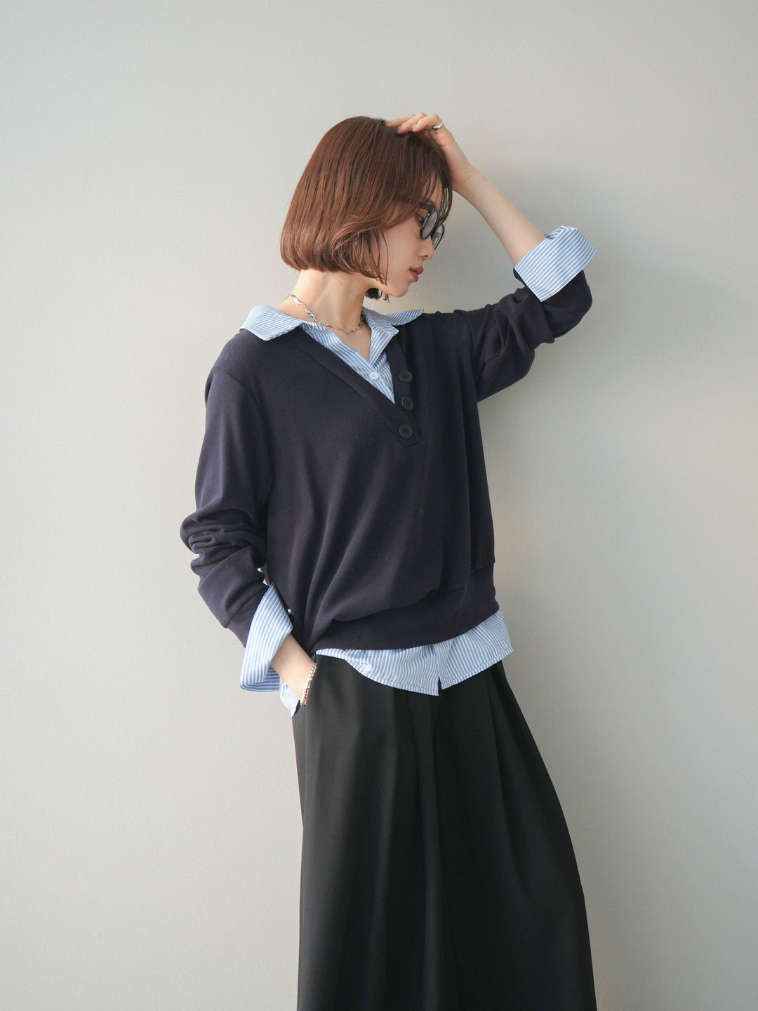 [予約]シャツレイヤードデザインカットプルオーバー/navy