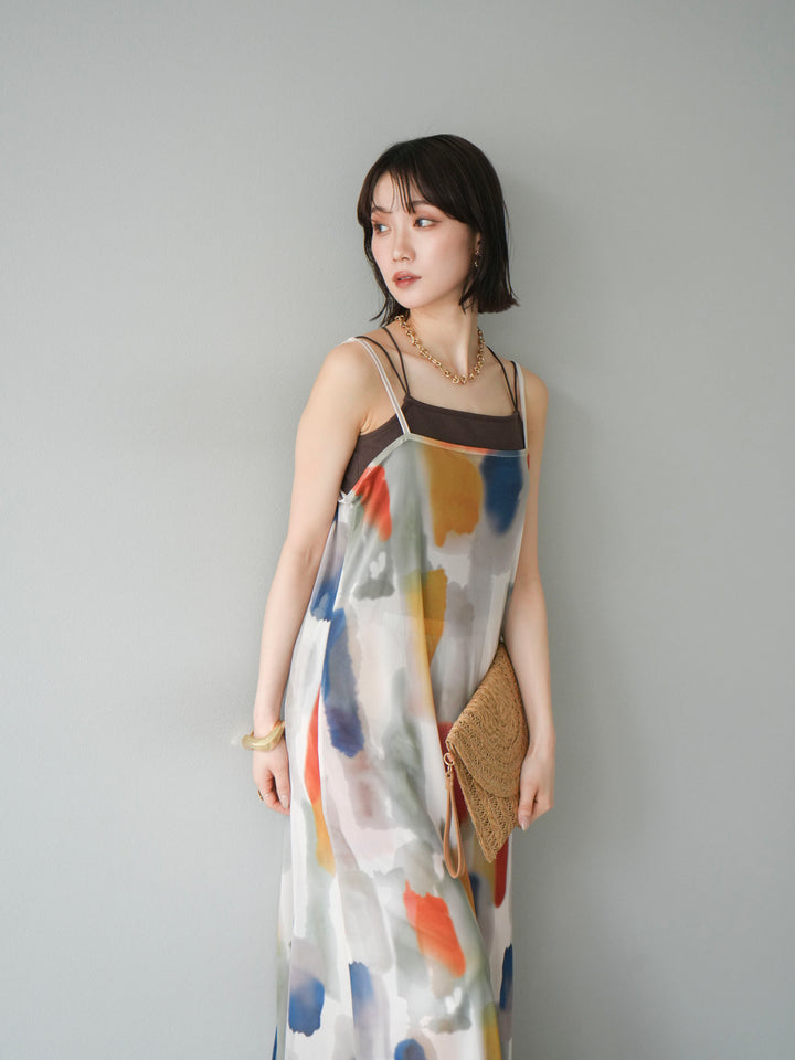 [SET]水彩アートシアーキャミワンピース+カップ付きバッククロスキャミソール(2set)