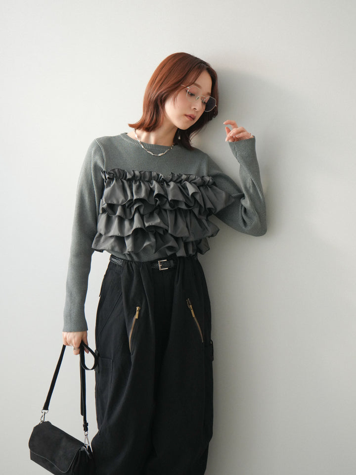 [SET]フリルビスチェドッキングスポンジニットプルオーバー+コットンタックループパンツ(2set)