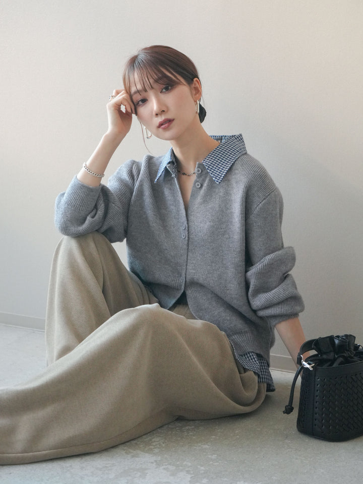 [SET]チェックシャツ襟ニットカーディガン+ベルトデザインループコールテンワイドパンツ(ベルト付き)(2set)