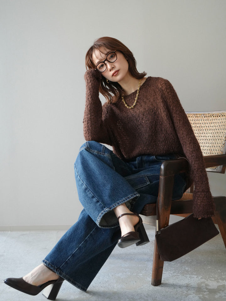 [予約]透かし編みモヘアタッチポコポコニットプルオーバー/brown