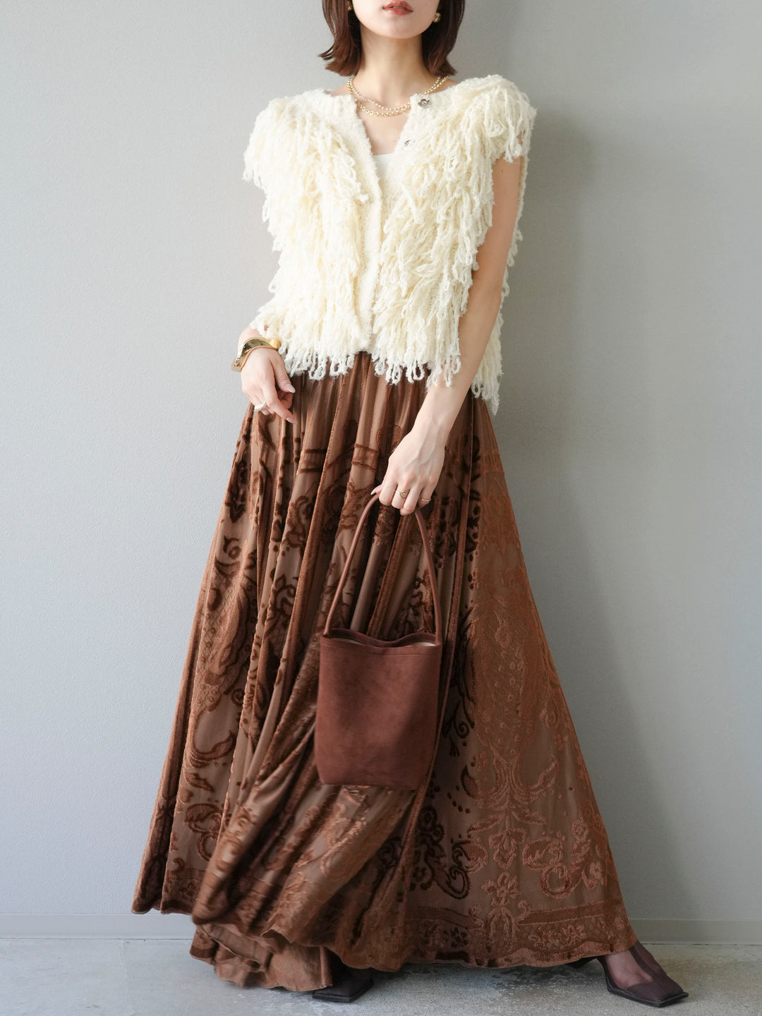 [SET]フリンジループニットベスト+アンティーク柄フロッキーマキシスカート(2set)