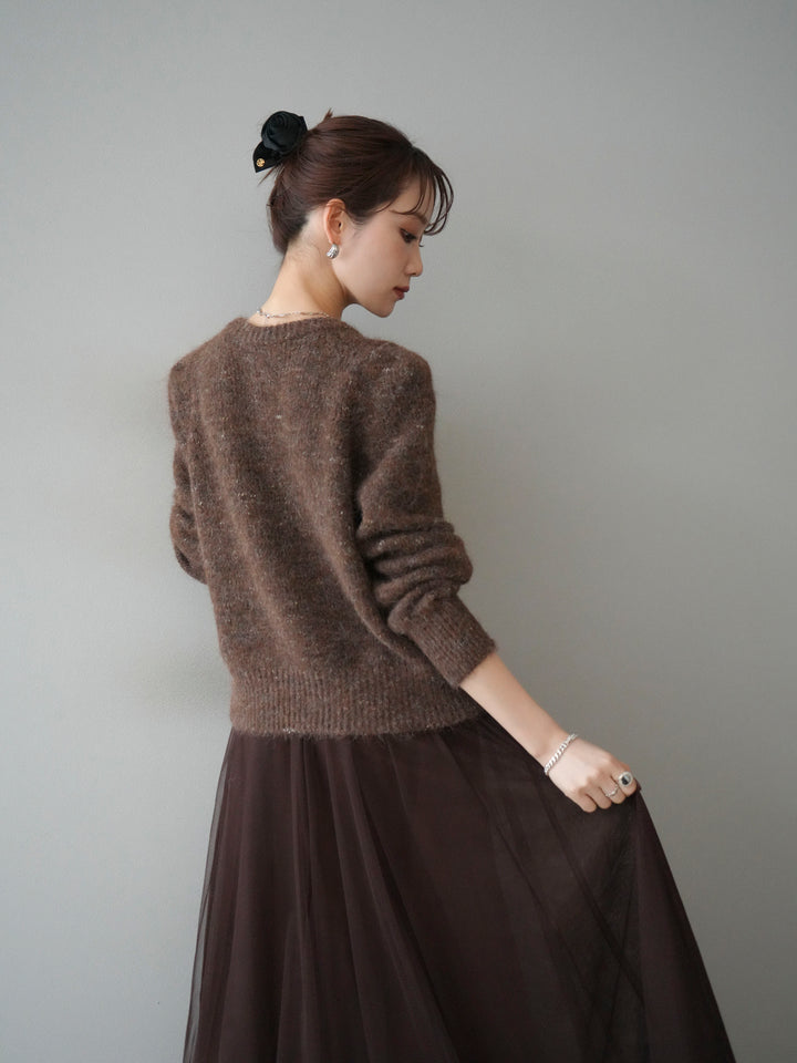 [SET]ブローチ付silverボタンミックスニットカーディガン+チュールボリュームスカート(2set)