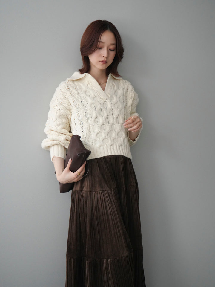 [SET]バルキーケーブルクロップド開襟プルオーバー+ベロアティアードワッシャースカート(2set)