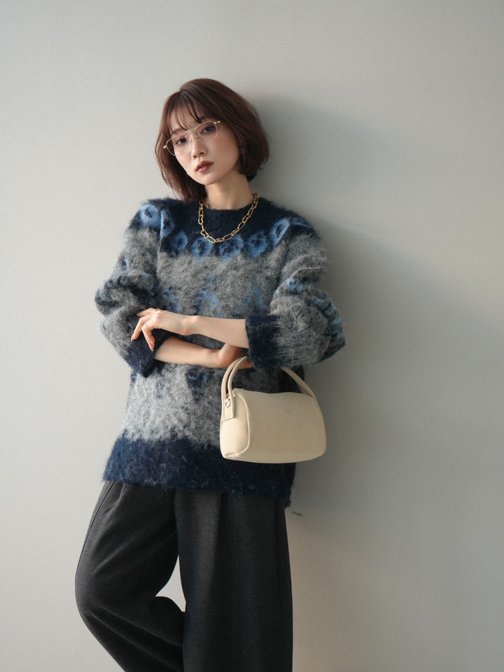 [SET]シャギーニュアンス柄ニットプルオーバー+ベルト付起毛コクーンパンツ(2set)