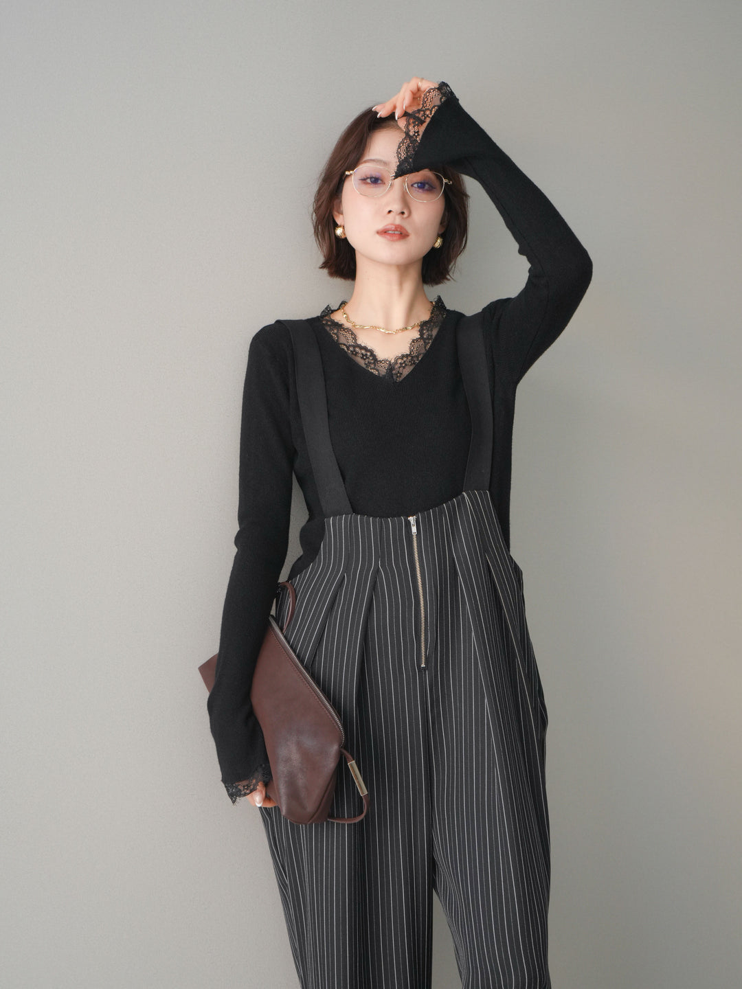 [SET]レースドッキングVネックニットトップス+レースドッキングVネックニットトップス(2set)