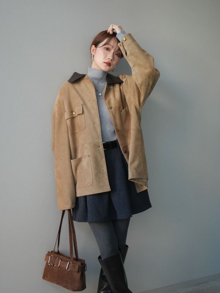 [SET]襟レザーステンカラースエードジャケット+袖ボタンボトルネックリブニットトップス+ベルト付きタックミニスカート(3set)