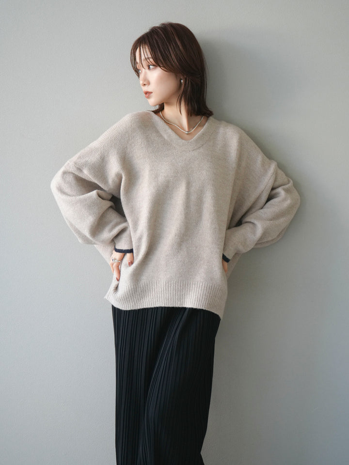 [SET]Vネック配色スリーブニットプルオーバー+選べるアクセセット(2set)