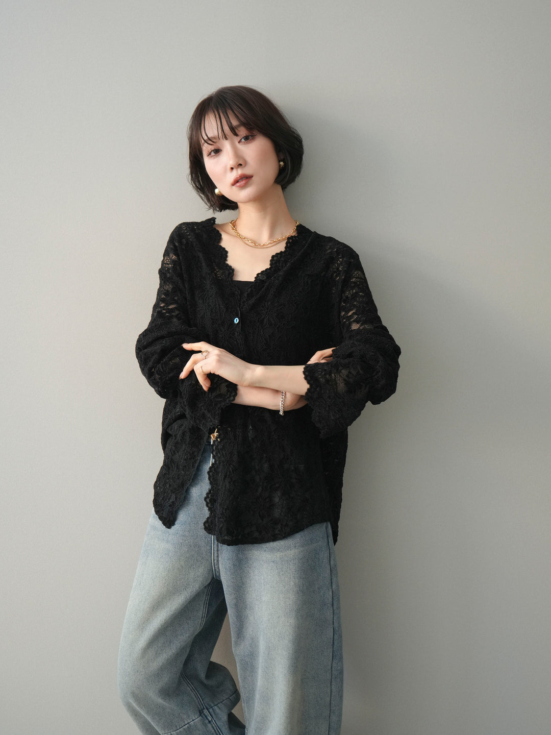 [SET]Vネックレースブラウス+裏起毛カットオフカーブデニムパンツ(2set)