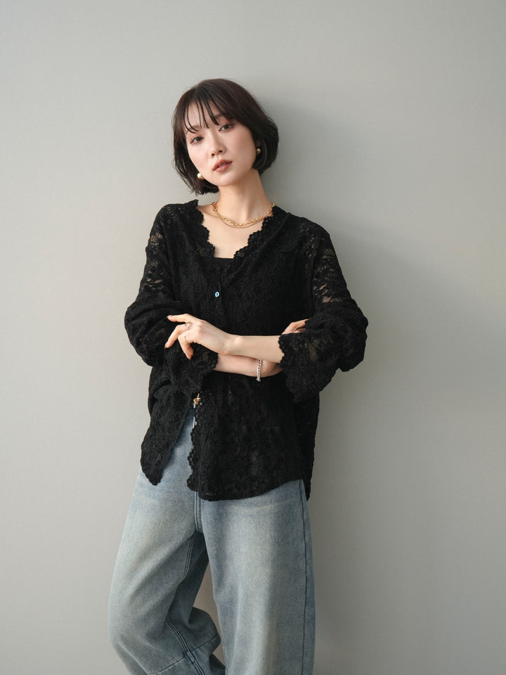 [SET]Vネックレースブラウス+裏起毛カットオフカーブデニムパンツ(2set)