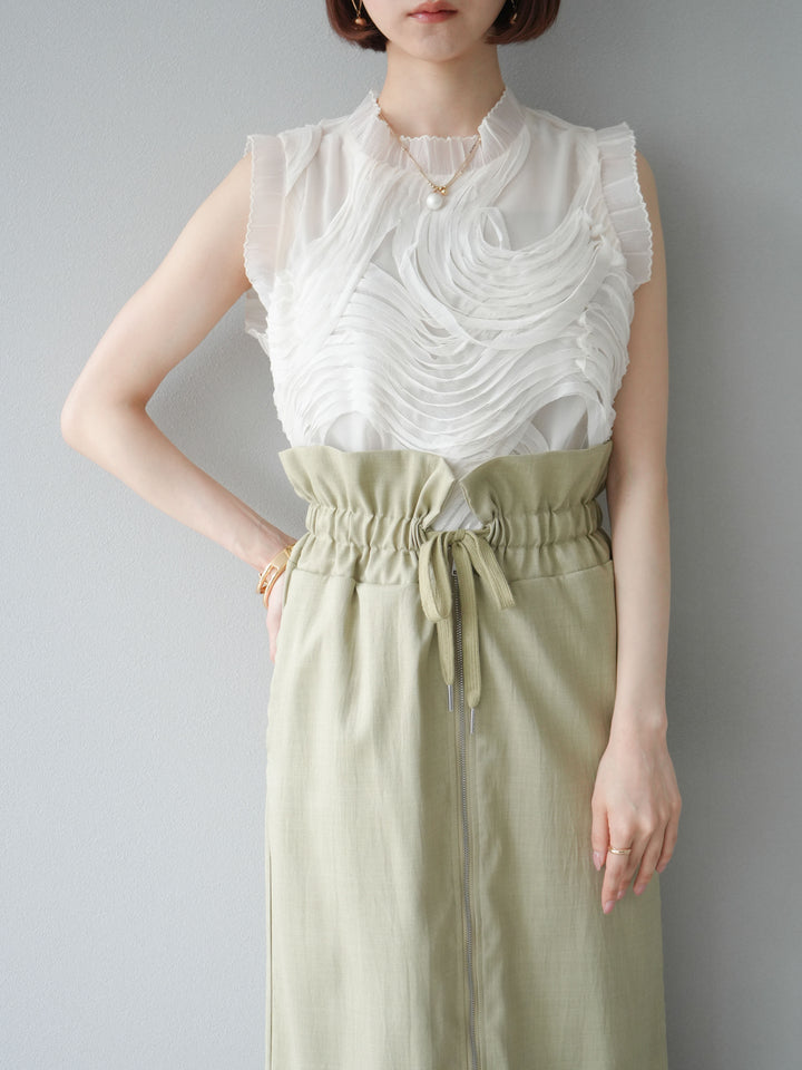 [SET]チュールジャガードノースリブラウス+ヘザーエステルギャザージップスカート(2set)