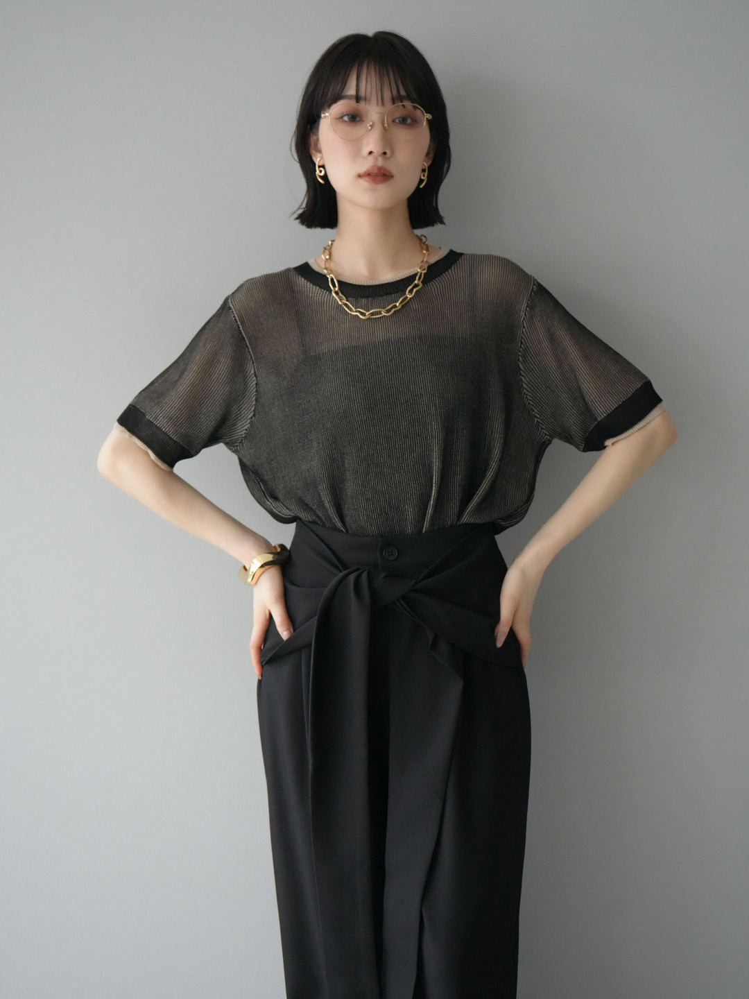 [SET]リネンタッチ配色二重臼ハーフニットトップス+ウエスト巻きデザインワイドパンツ(2set)