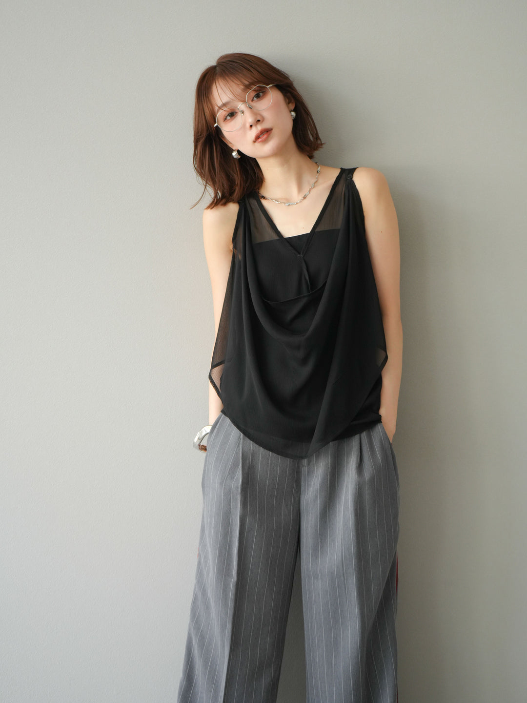 [予約]サイドラインストライプワイドパンツ/グレー