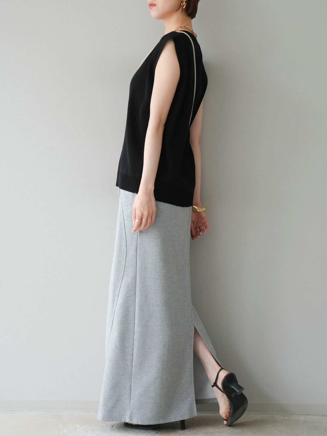 [SET]Vネックレーヨンニットベスト+スウェットロングスカート(2set)