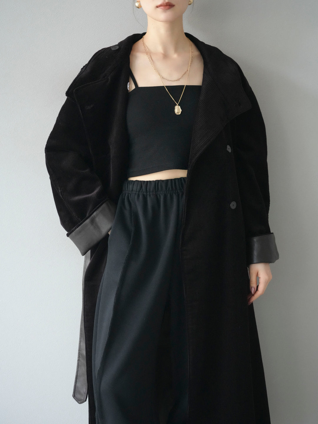 [予約]コーデュロイ折り返しレザーロングコート/brown