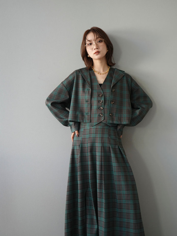 [SET]チェック柄ショートジャケット+チェック柄ベスト+チェック柄タックフレアスカート(3set)