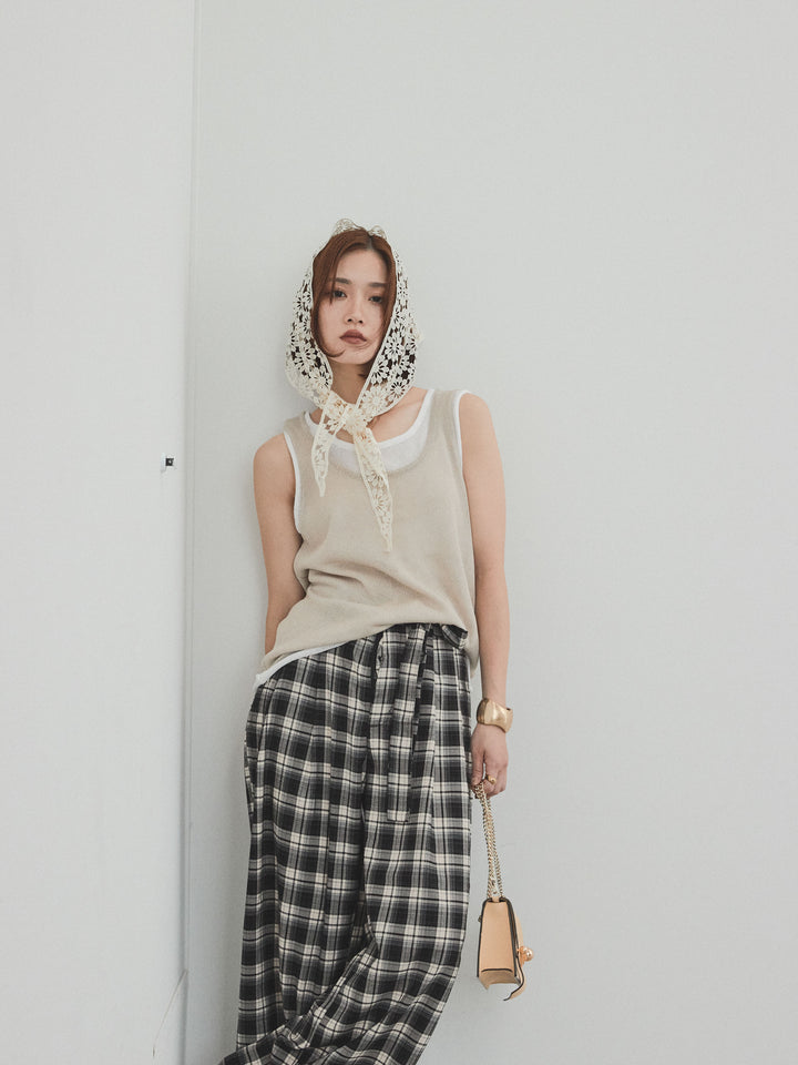 【SET】雙色疊穿針織背心+格紋寬褲（2套）