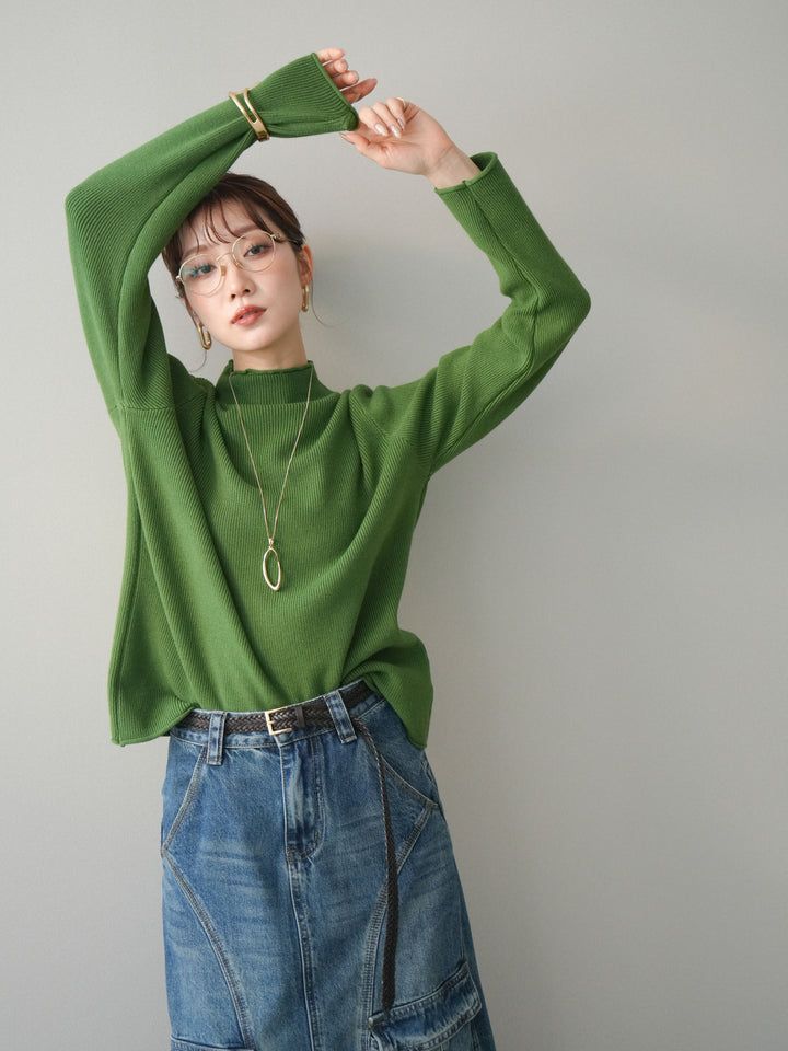 [予約]ボトルネック裾カールリブニットトップス/green