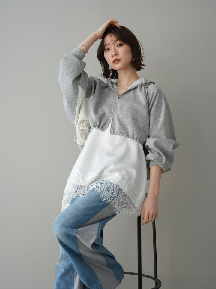 [予約]バイカラー異素材ライトポンチクロップドZIPフーディー/gray