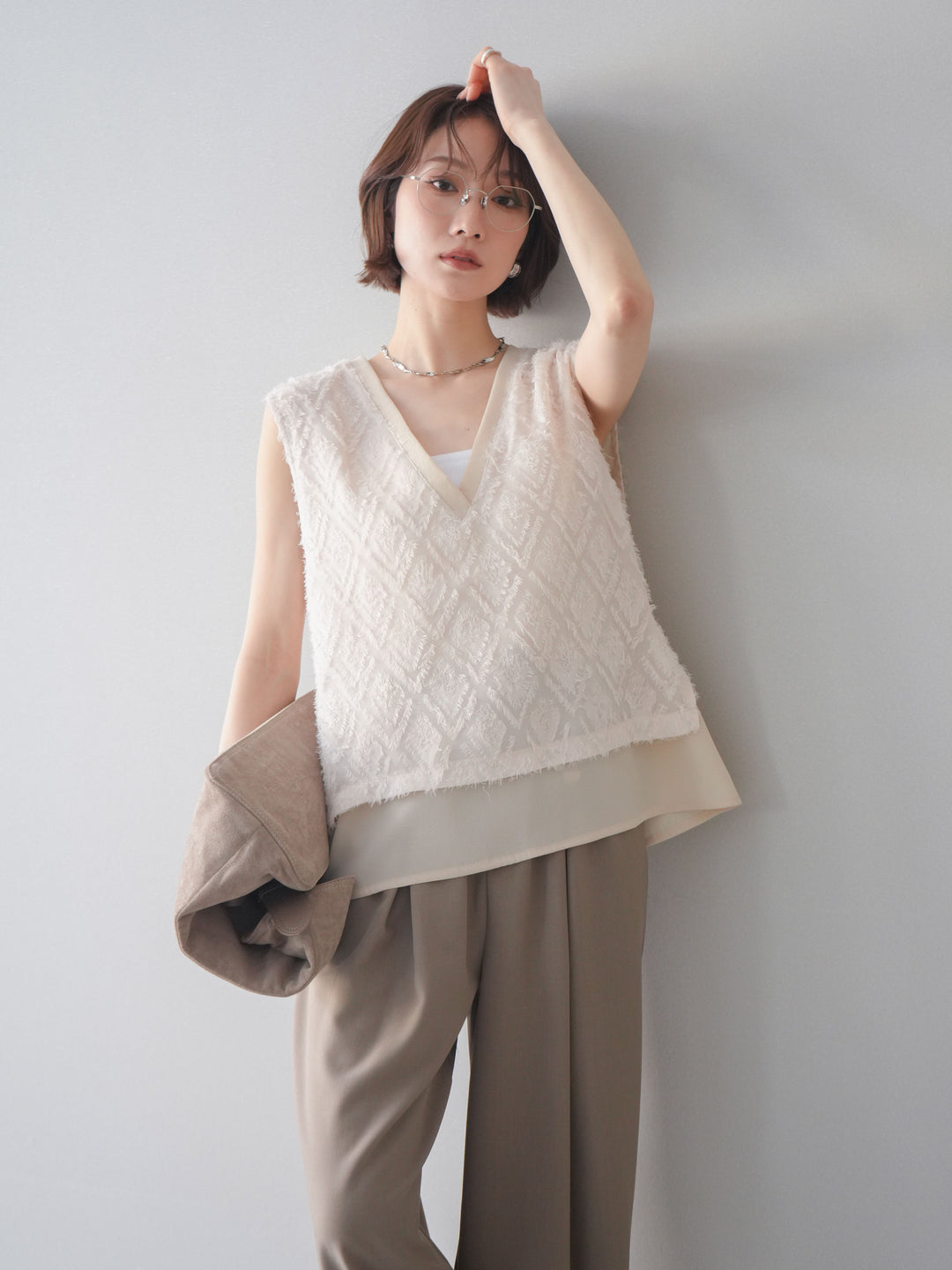 [SET]フリンジレイヤードVネックノースリーブ+選べるアクセセット(2set)