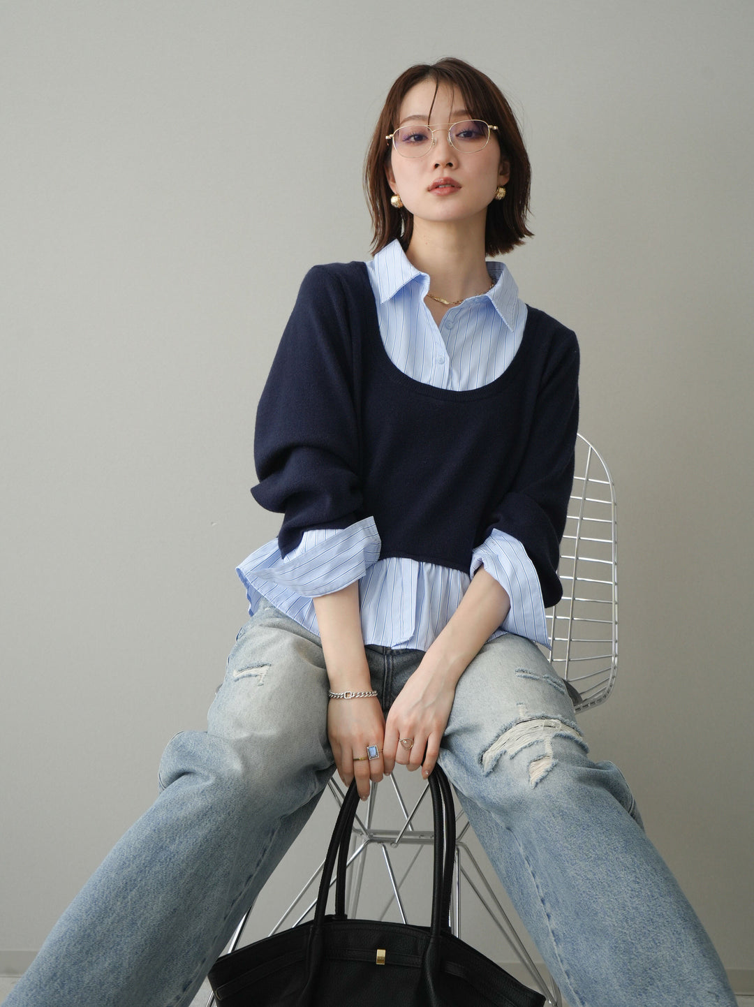 [予約]ストライプシャツUネックドッキングニットプルオーバー/navybluestripeB